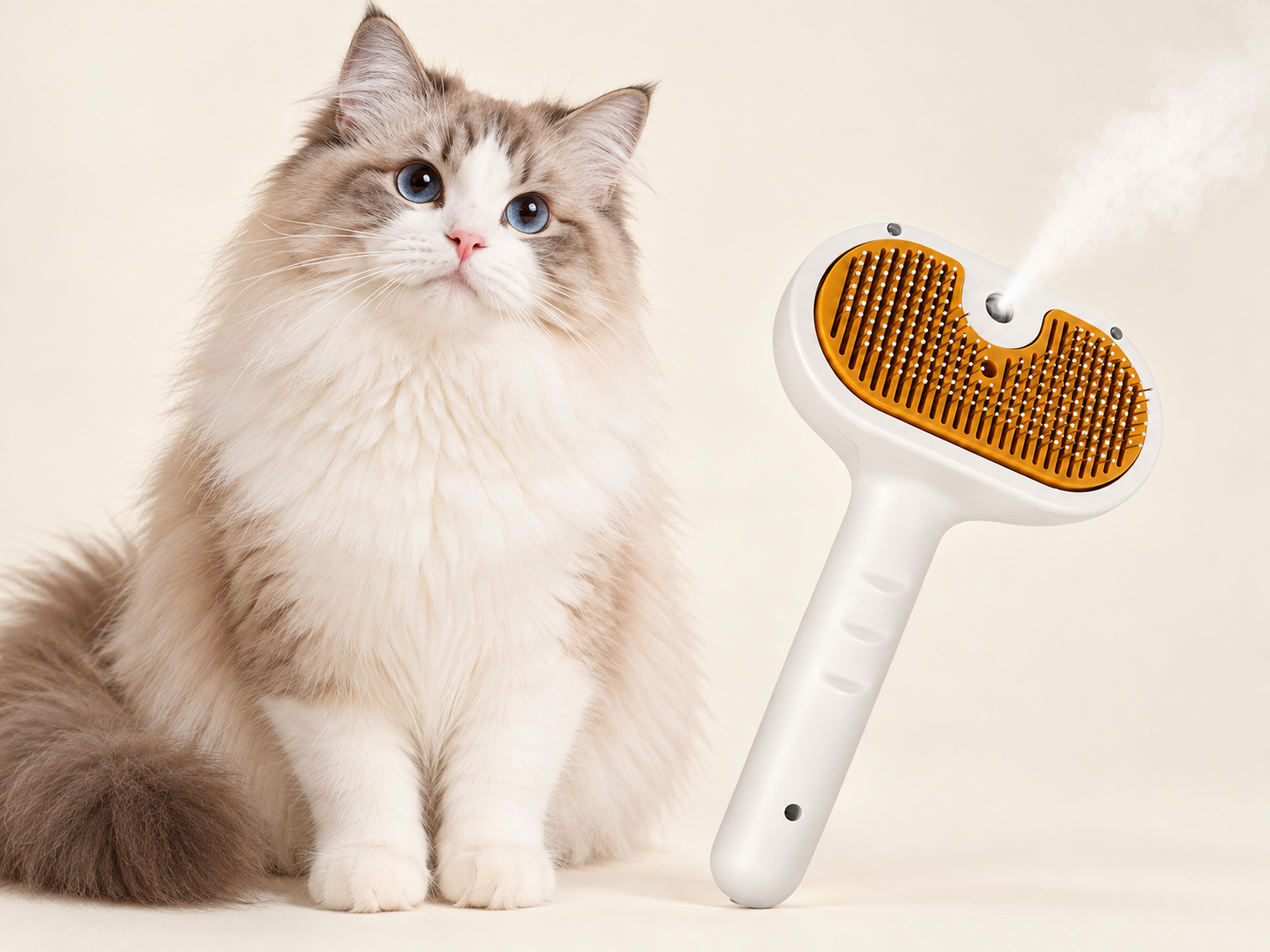 A fluffy long-haired cat sitting beside the Bonding Brush as it releases a fine mist